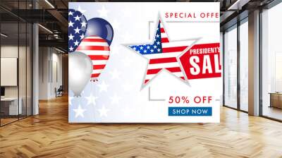 Happy Presidents Day USA balloons and flags sale banner. Special offer -50 off discount for President`s Day, vector illustration Wall mural